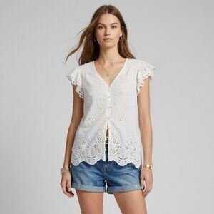 Love The Label White Eyelet Cotton Blouse Sheer Lace Flutter Sleeve Boho Top L